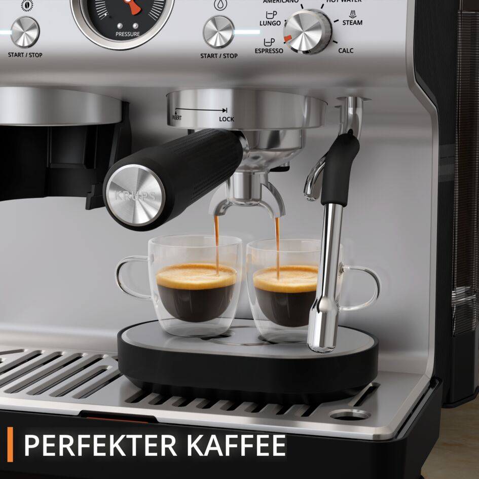 Precision+ Siebträgermaschine mit Mahlwerk und Tamping Station, Modell XP804T