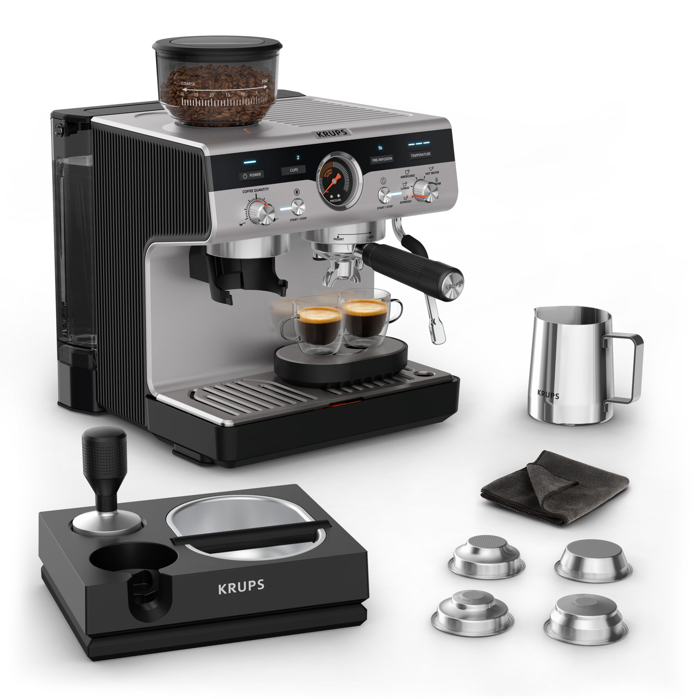 Precision+ Siebträgermaschine mit Mahlwerk und Tamping Station, Modell XP804T