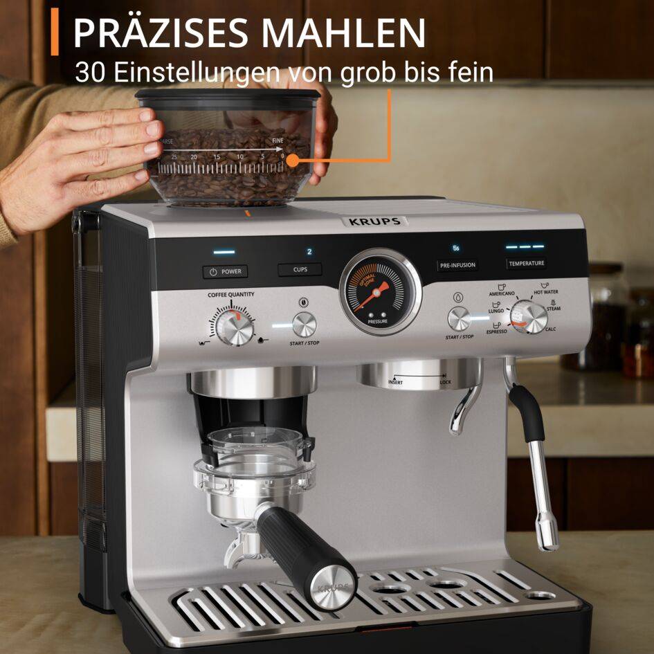 Precision+ Siebträgermaschine mit Mahlwerk und Tamping Station, Modell XP804T