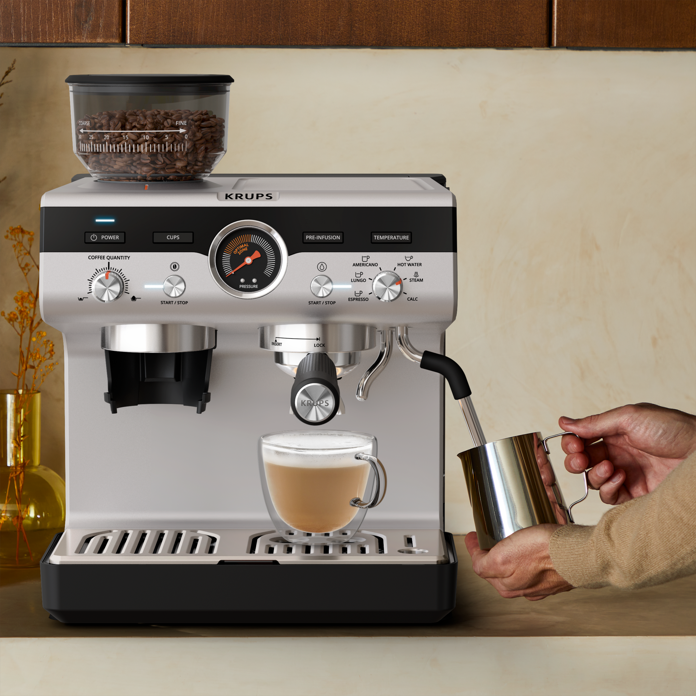 Precision+, Espresso Siebträgermaschine mit Mahlwerk, Perfekte Kaffeespezialitäten, inkl. Barista Tamping Station