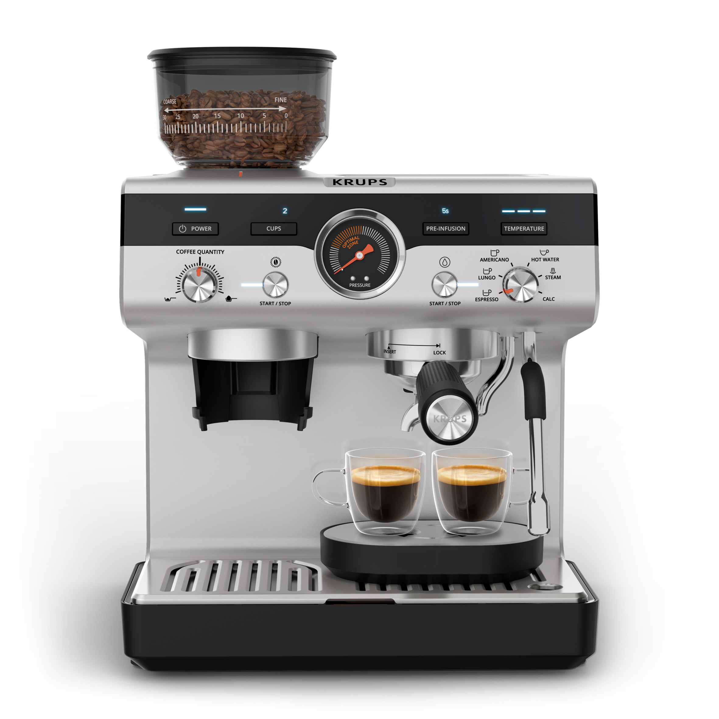 Precision+, Espresso Siebträgermaschine mit Mahlwerk, Perfekte Kaffeespezialitäten, inkl. Barista Tamping Station